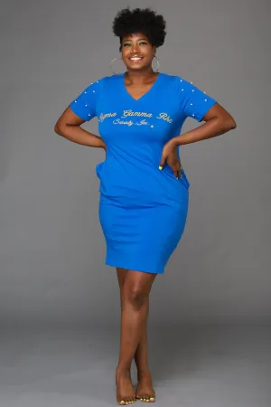 ΣΓΡ RHOYAL Blue Pearl Studded Tee Shirt Dress