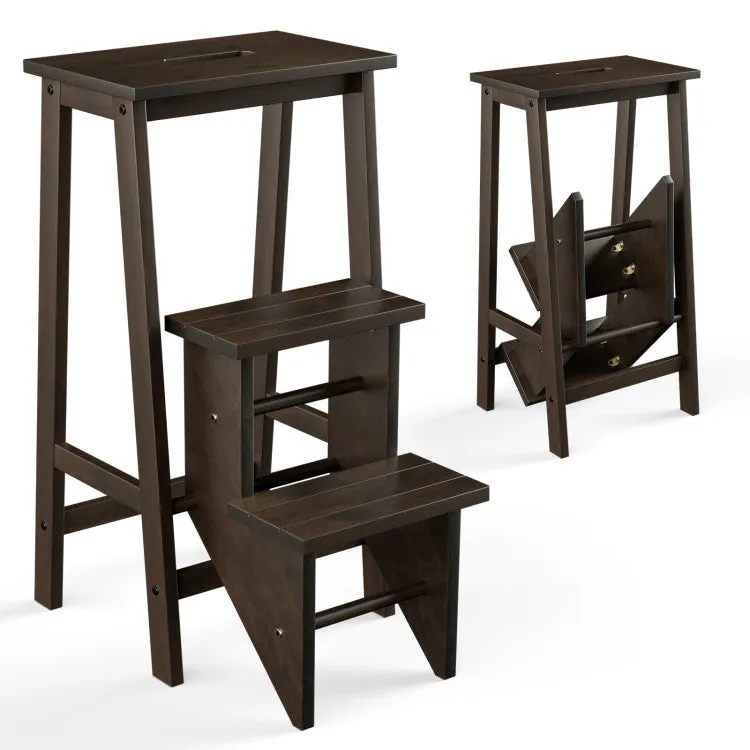 3-in-1 Rubber Wood Step Stool With Convenient Handle-Dark Brown