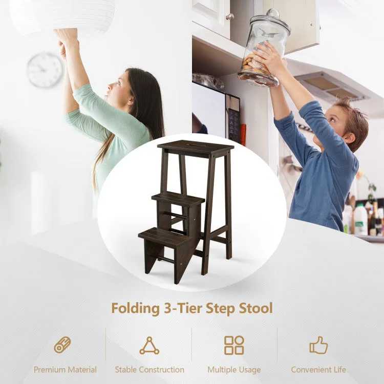 3-in-1 Rubber Wood Step Stool With Convenient Handle-Dark Brown