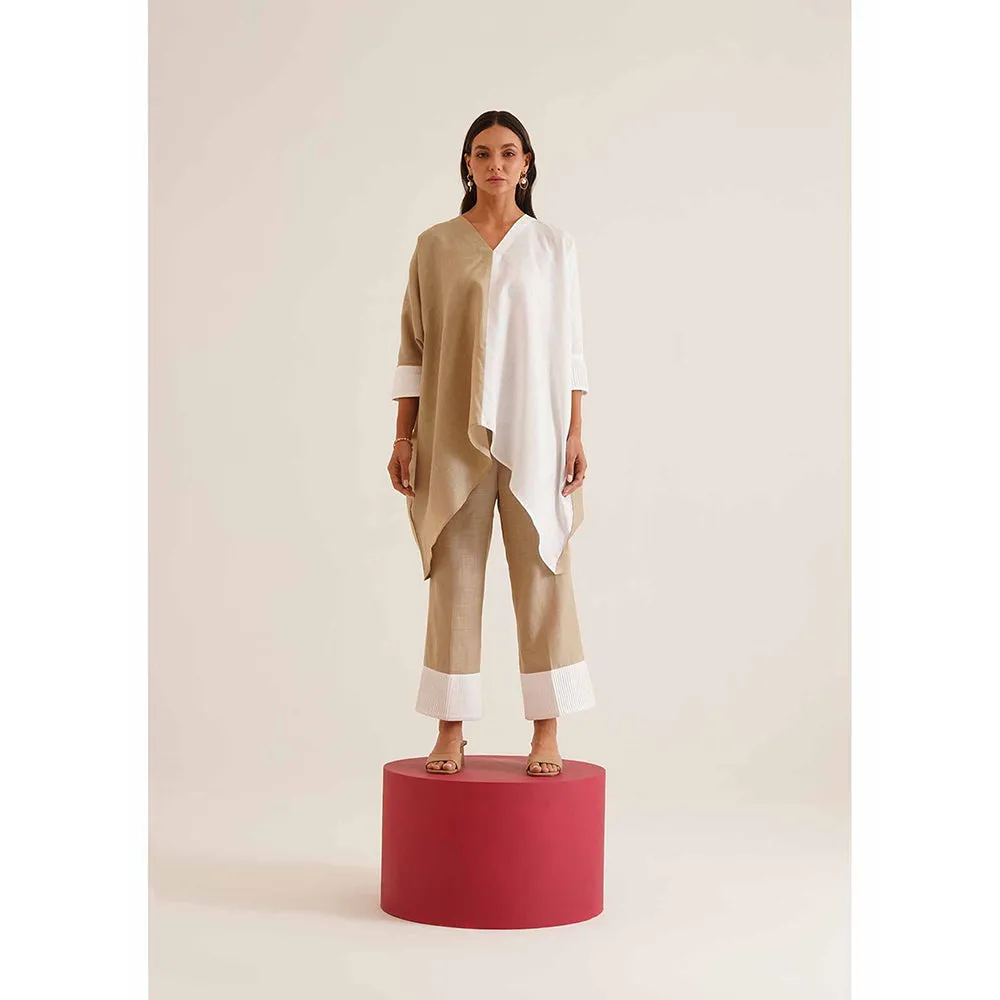AMOSHI Beige Colour Block Duo Kaftan with Pant (Set of 2)
