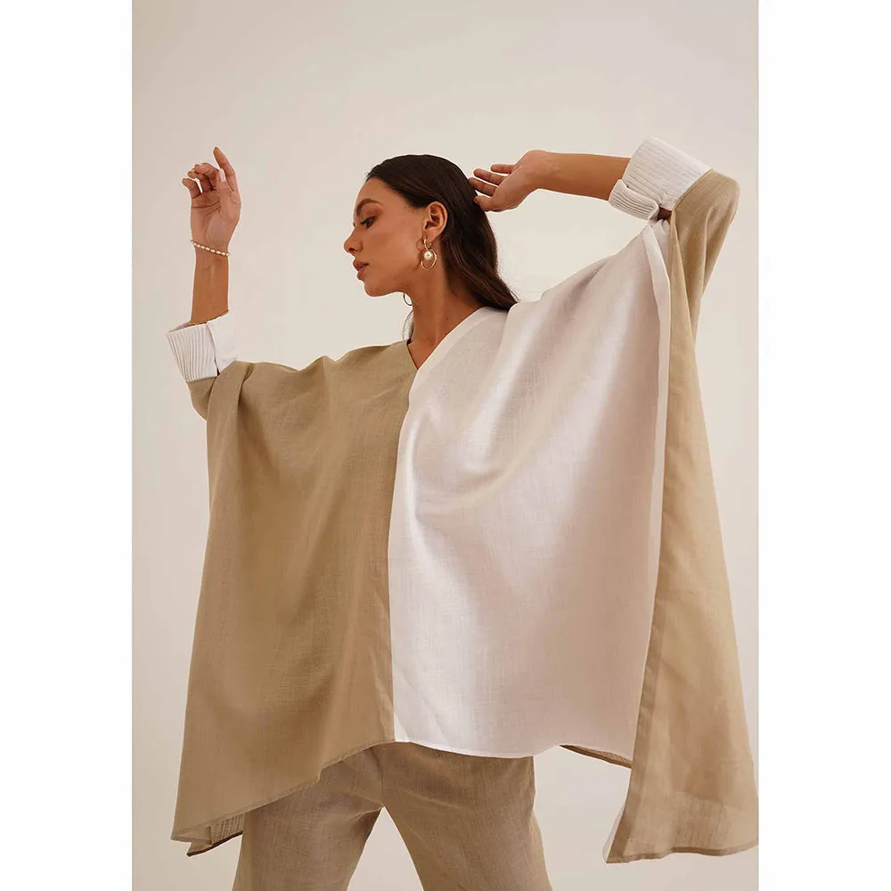 AMOSHI Beige Colour Block Duo Kaftan with Pant (Set of 2)