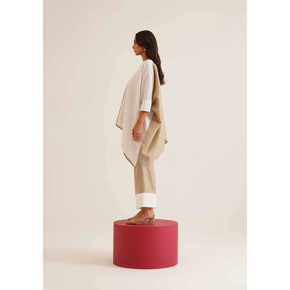 AMOSHI Beige Colour Block Duo Kaftan with Pant (Set of 2)