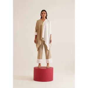 AMOSHI Beige Colour Block Duo Kaftan with Pant (Set of 2)