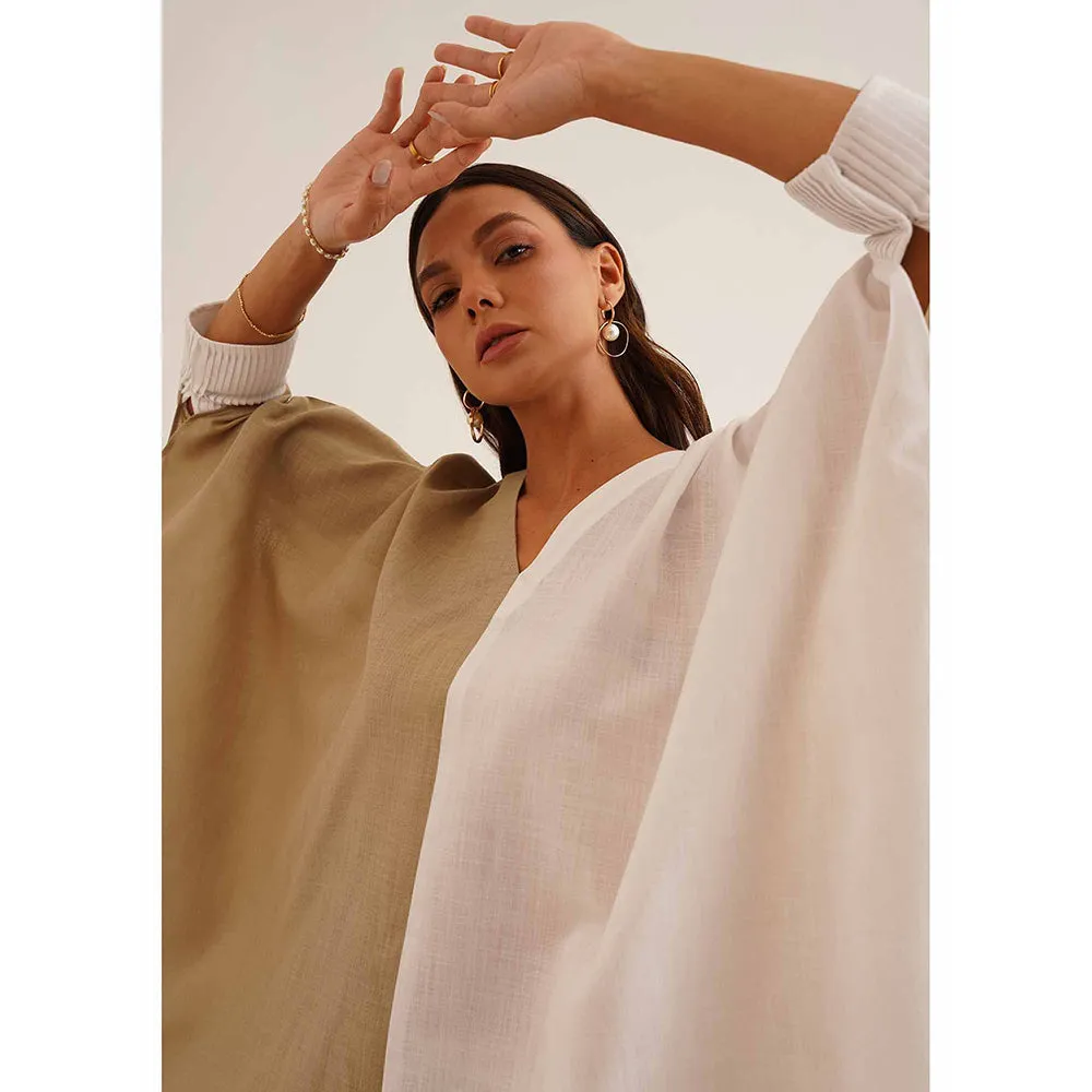 AMOSHI Beige Colour Block Duo Kaftan with Pant (Set of 2)