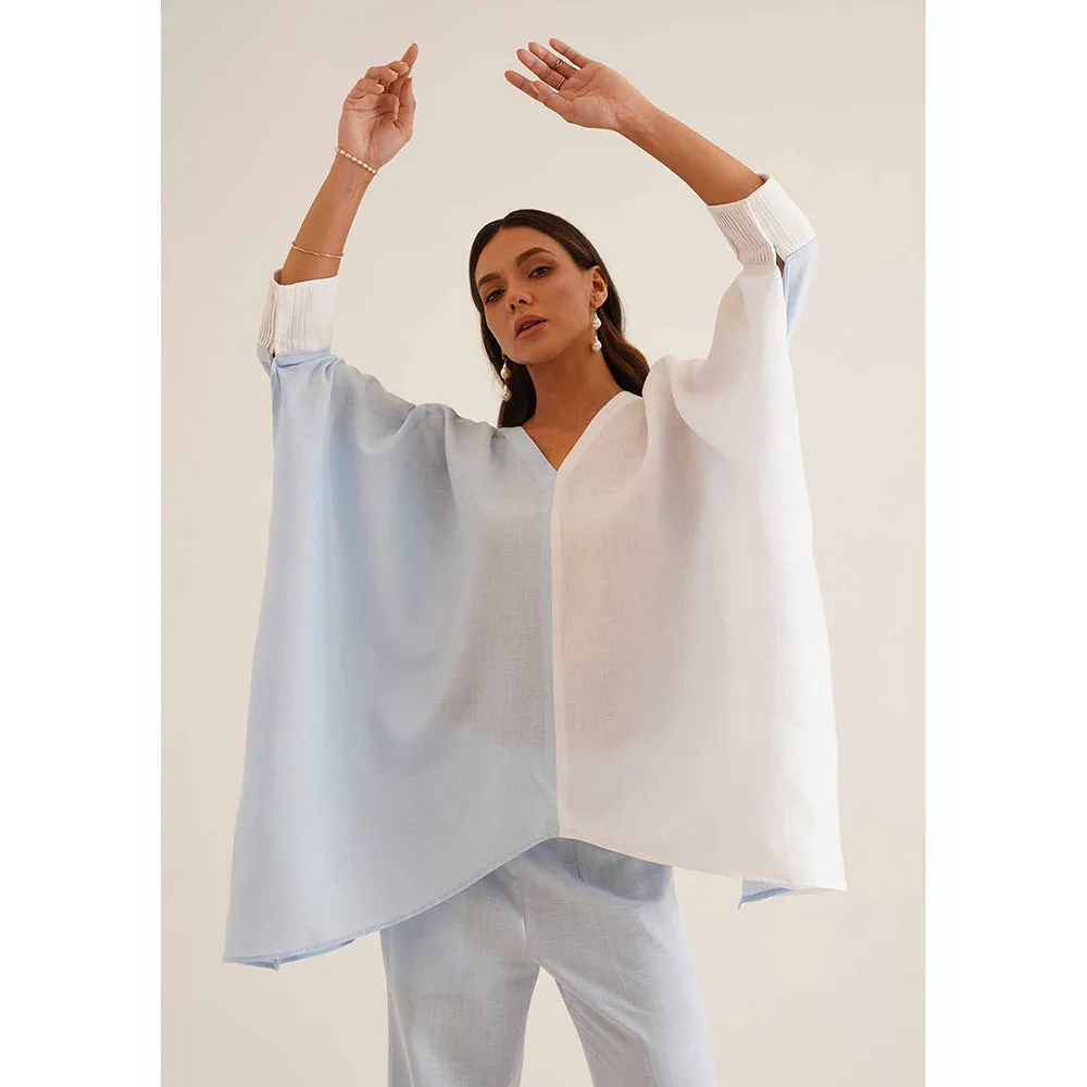 AMOSHI Blue Colour Block Duo Kaftan with Pant (Set of 2)