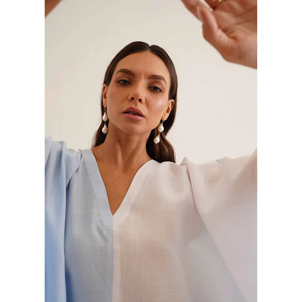 AMOSHI Blue Colour Block Duo Kaftan with Pant (Set of 2)