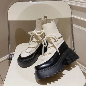 Amozae Women's New Autumn Platform White Black Martin Boots Short Sock British Style All-match Thick Heel Rubber Chunky Heels