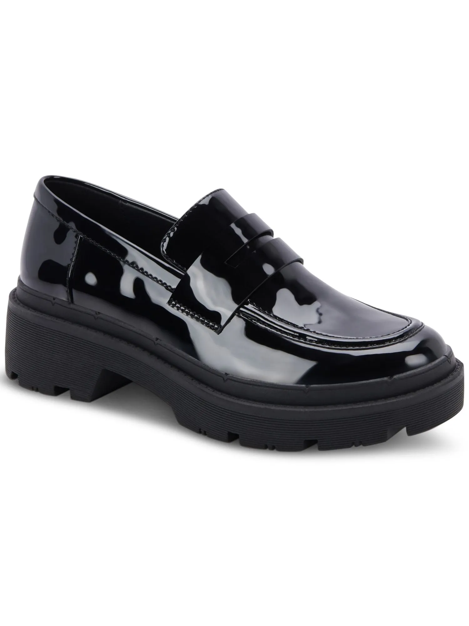 AQUA COLLEGE Womens Black 1" Platform Penny Keeper Lug Sole Waterproof Saanvi Round Toe Block Heel Slip On Loafers Shoes M