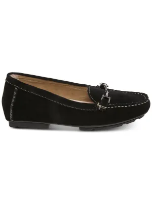AQUA COLLEGE Womens Black Hardware Detail Removable Insole Moccasin-Inspired Waterproof Comfort Darrah Round Toe Block Heel Slip On Leather Loafers Shoes M