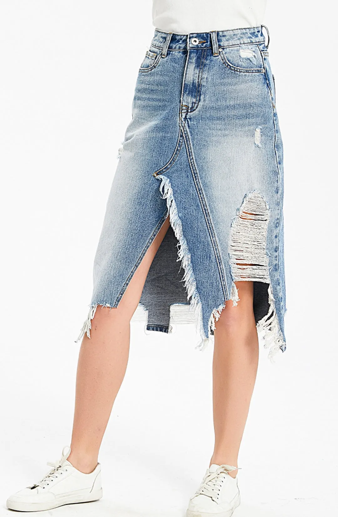 Asymmetrical Frayed Hem Denim Skirt