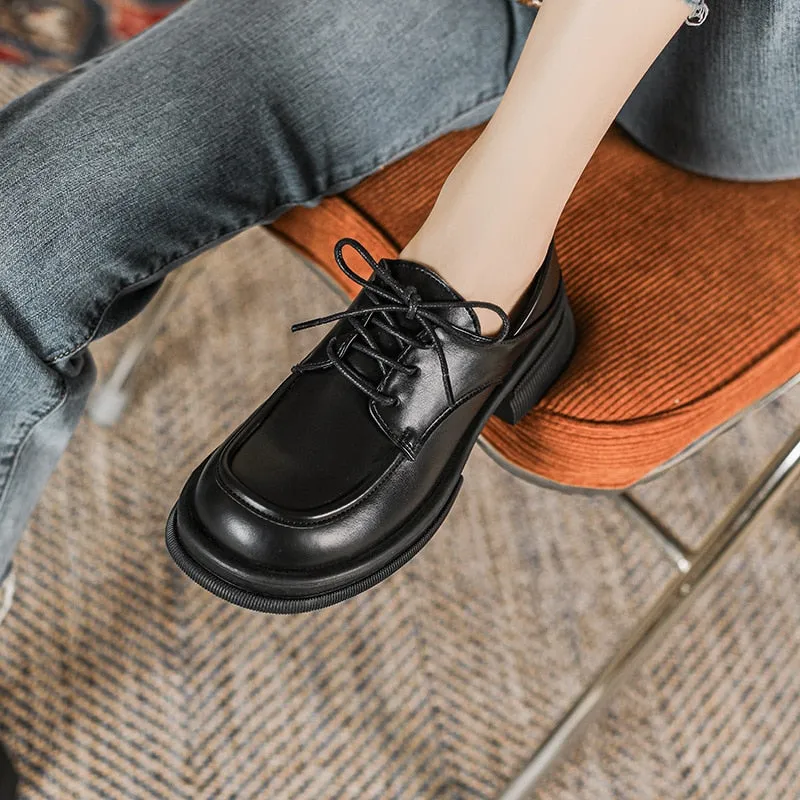 Bjlxn 2023 New women's loafers Black lace-up shoes Round head high heel thick base high design Leather shoes Stylish party and work