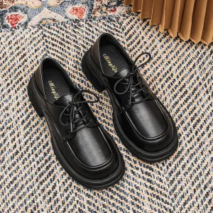 Bjlxn 2023 New women's loafers Black lace-up shoes Round head high heel thick base high design Leather shoes Stylish party and work