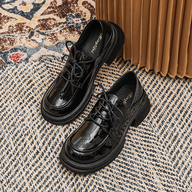 Bjlxn 2023 New women's loafers Black lace-up shoes Round head high heel thick base high design Leather shoes Stylish party and work