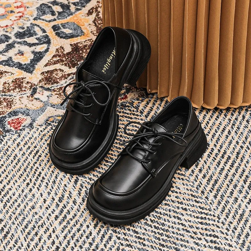 Bjlxn 2023 New women's loafers Black lace-up shoes Round head high heel thick base high design Leather shoes Stylish party and work