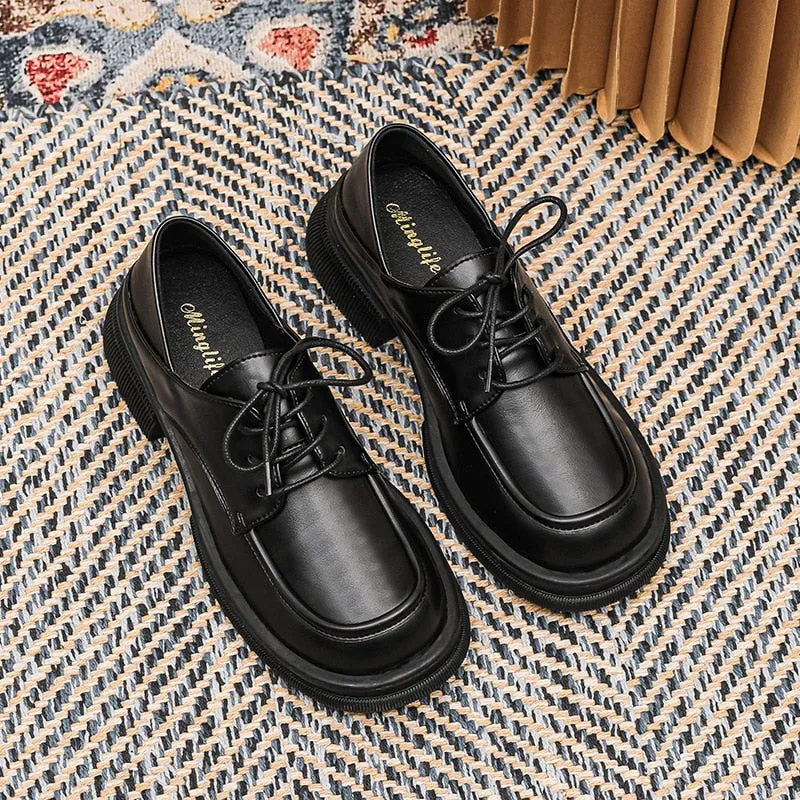 Bjlxn 2023 New women's loafers Black lace-up shoes Round head high heel thick base high design Leather shoes Stylish party and work