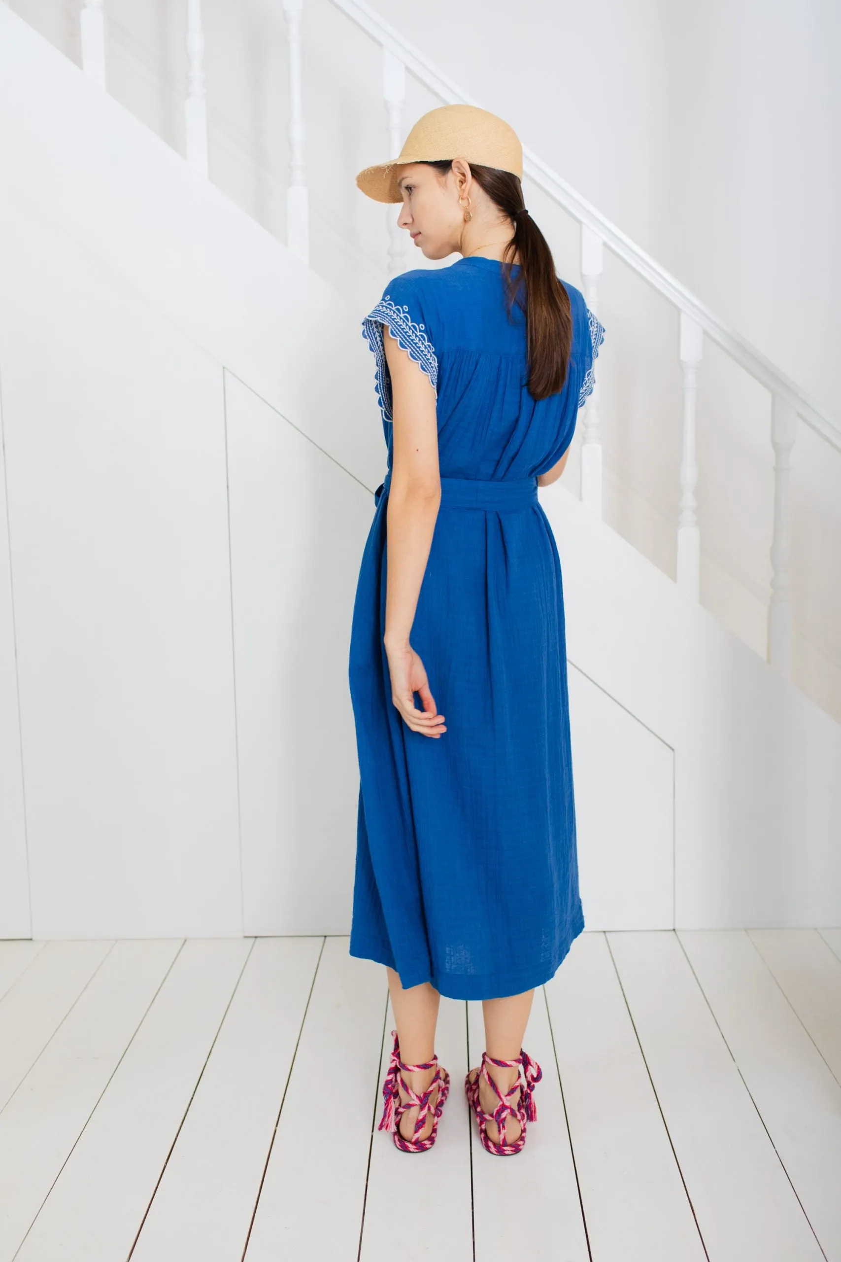Bonté Ava embroidered cap sleeve dress French Blue