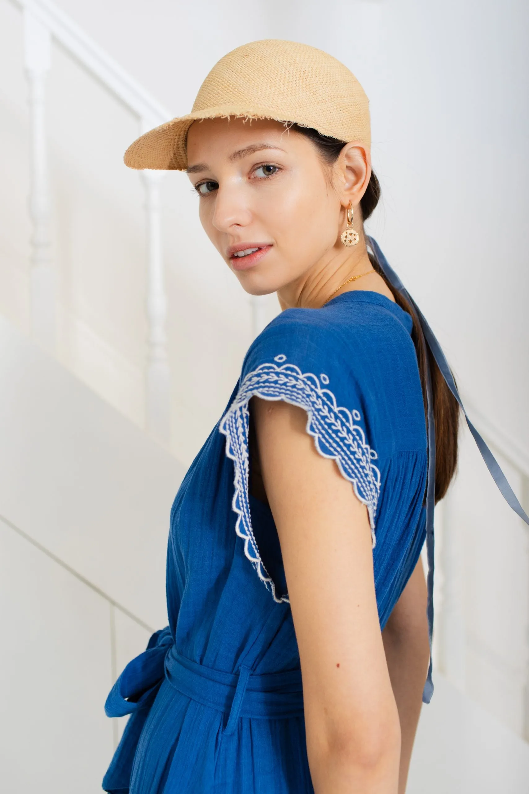 Bonté Ava embroidered cap sleeve dress French Blue