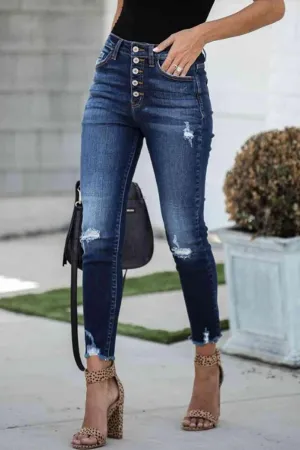 Button-up Distressed Skinny Jeans