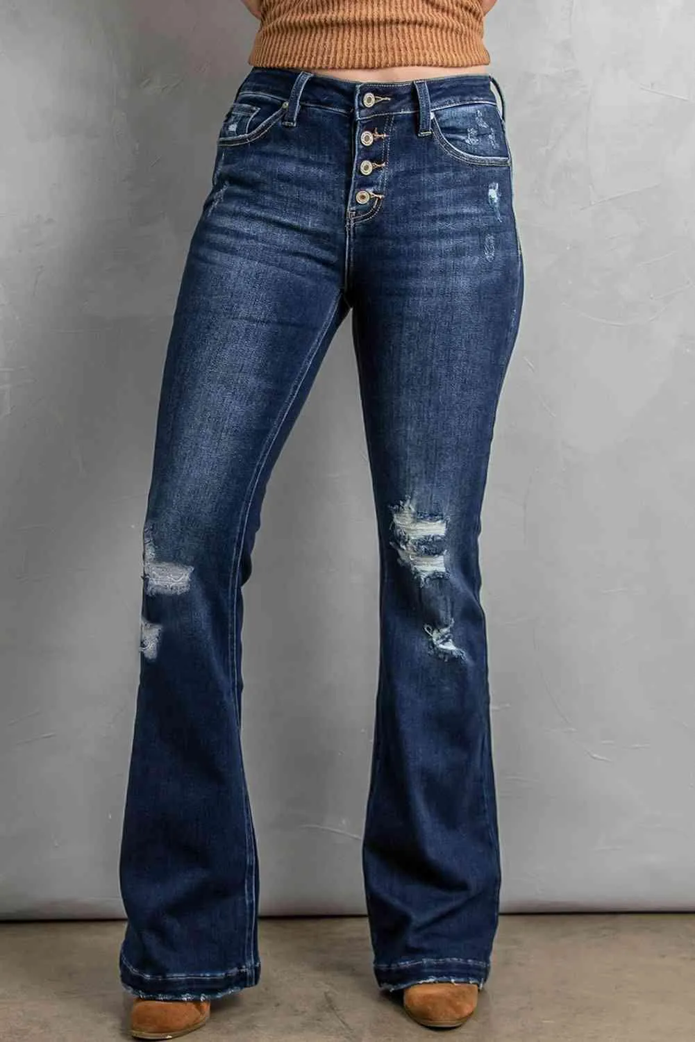 Casual Retro Button Fly Distressed Bootcut Jeans