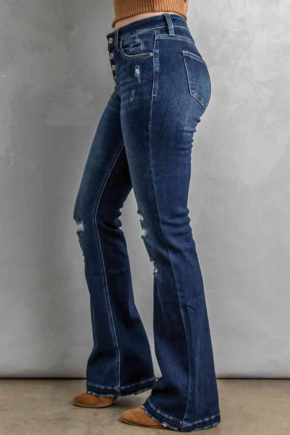 Casual Retro Button Fly Distressed Bootcut Jeans