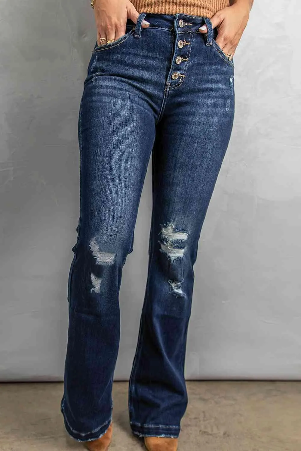 Casual Retro Button Fly Distressed Bootcut Jeans
