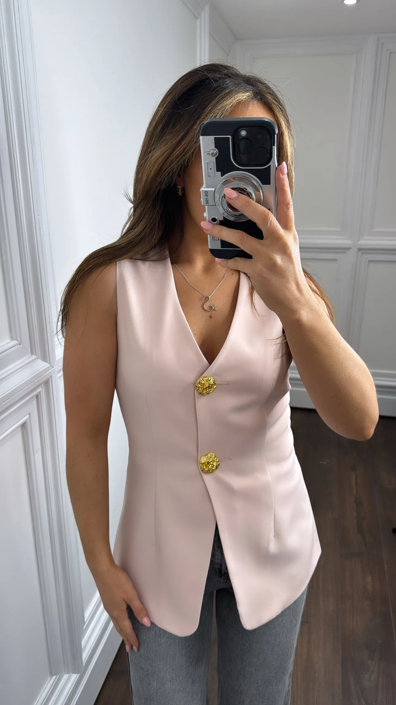 GISELLE pink tailored waist coat with gold buttons