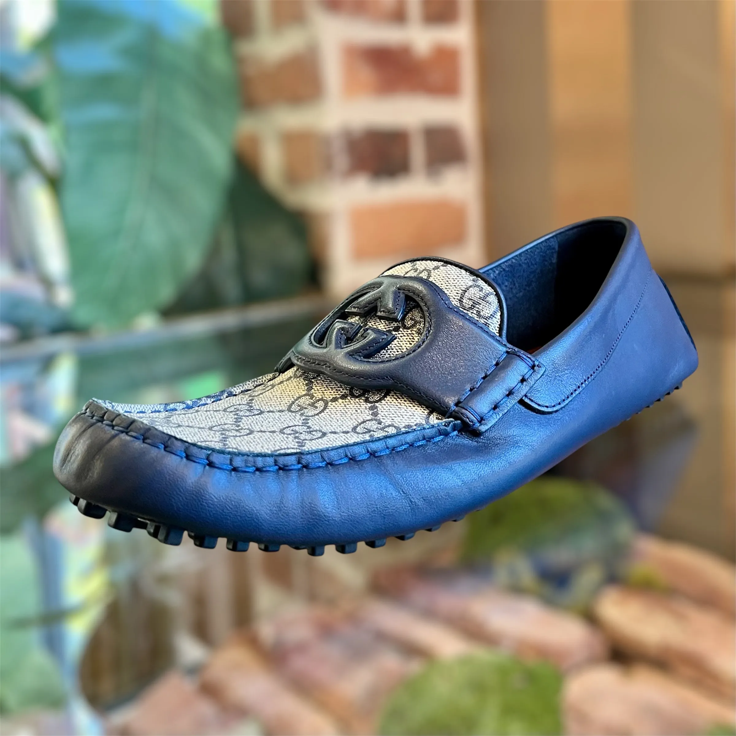 GUCCI Navy Blue Interlocking G Leather GG Monogram Canvas Driver MENS Loafers SZ9(9.5US)