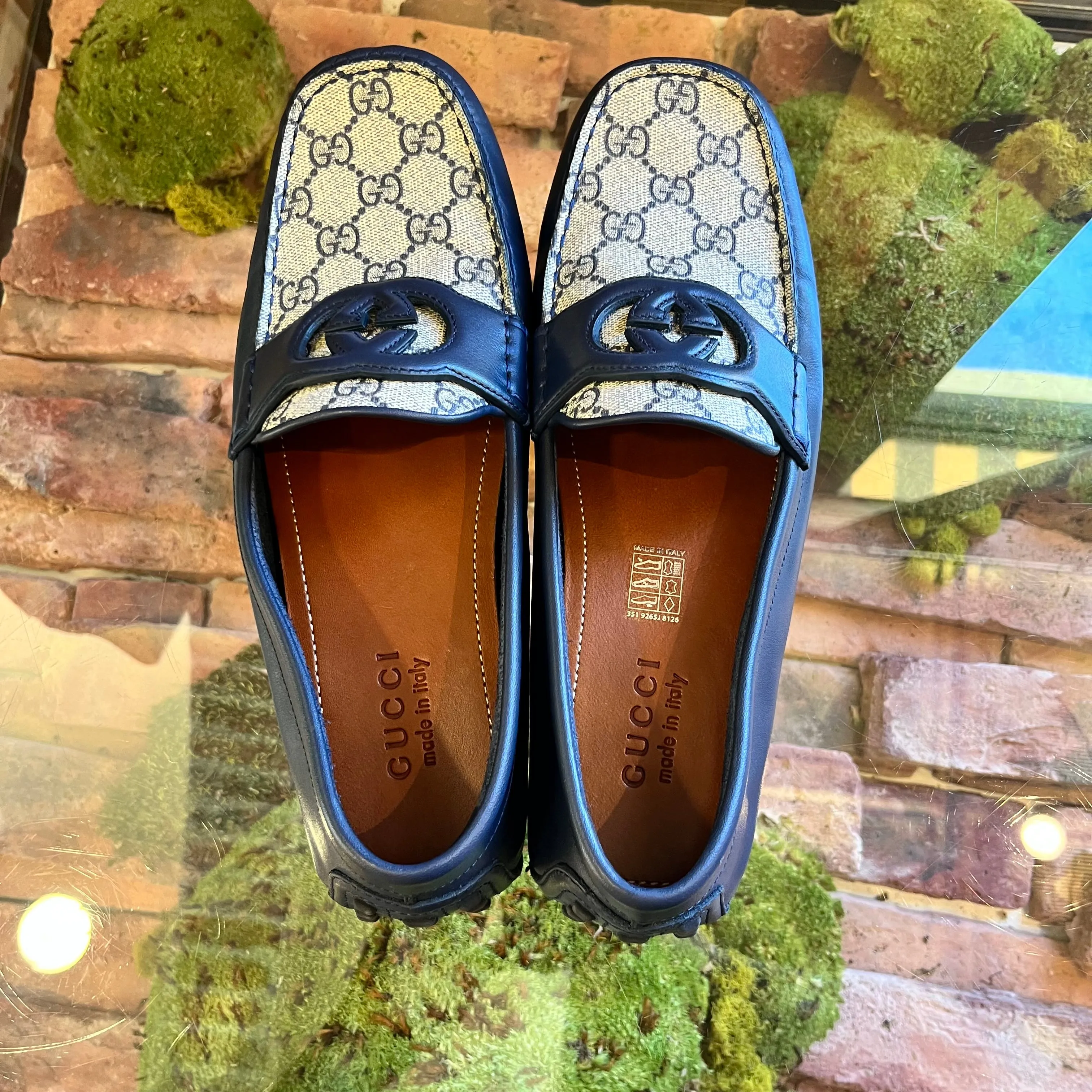 GUCCI Navy Blue Interlocking G Leather GG Monogram Canvas Driver MENS Loafers SZ9(9.5US)