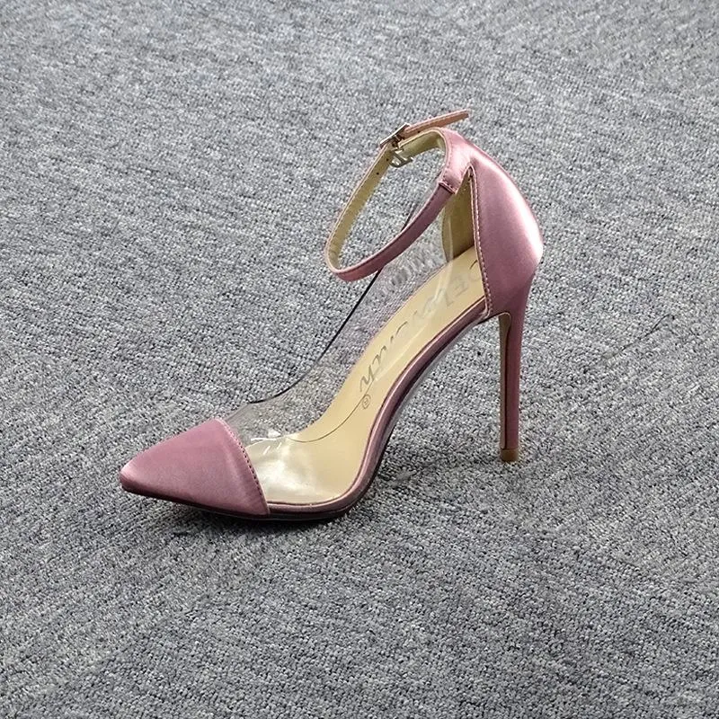 Hot Pink Heels Pointed-Toe Colorblock Transparent Stiletto Ultra-High Heels Pumps Women's Shoes
