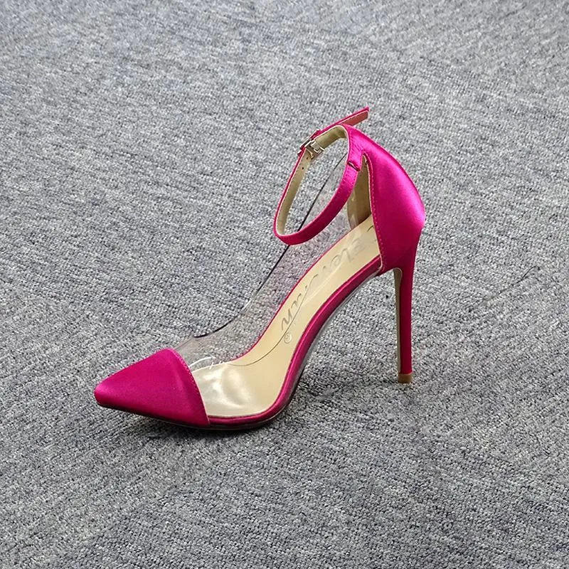 Hot Pink Heels Pointed-Toe Colorblock Transparent Stiletto Ultra-High Heels Pumps Women's Shoes