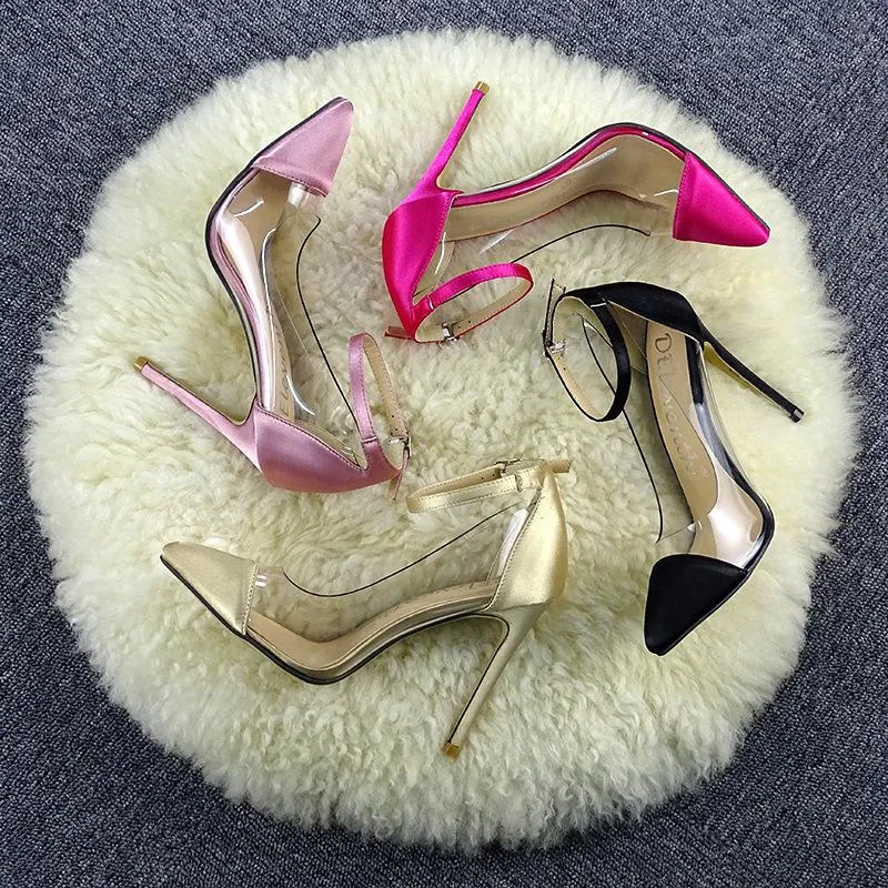 Hot Pink Heels Pointed-Toe Colorblock Transparent Stiletto Ultra-High Heels Pumps Women's Shoes