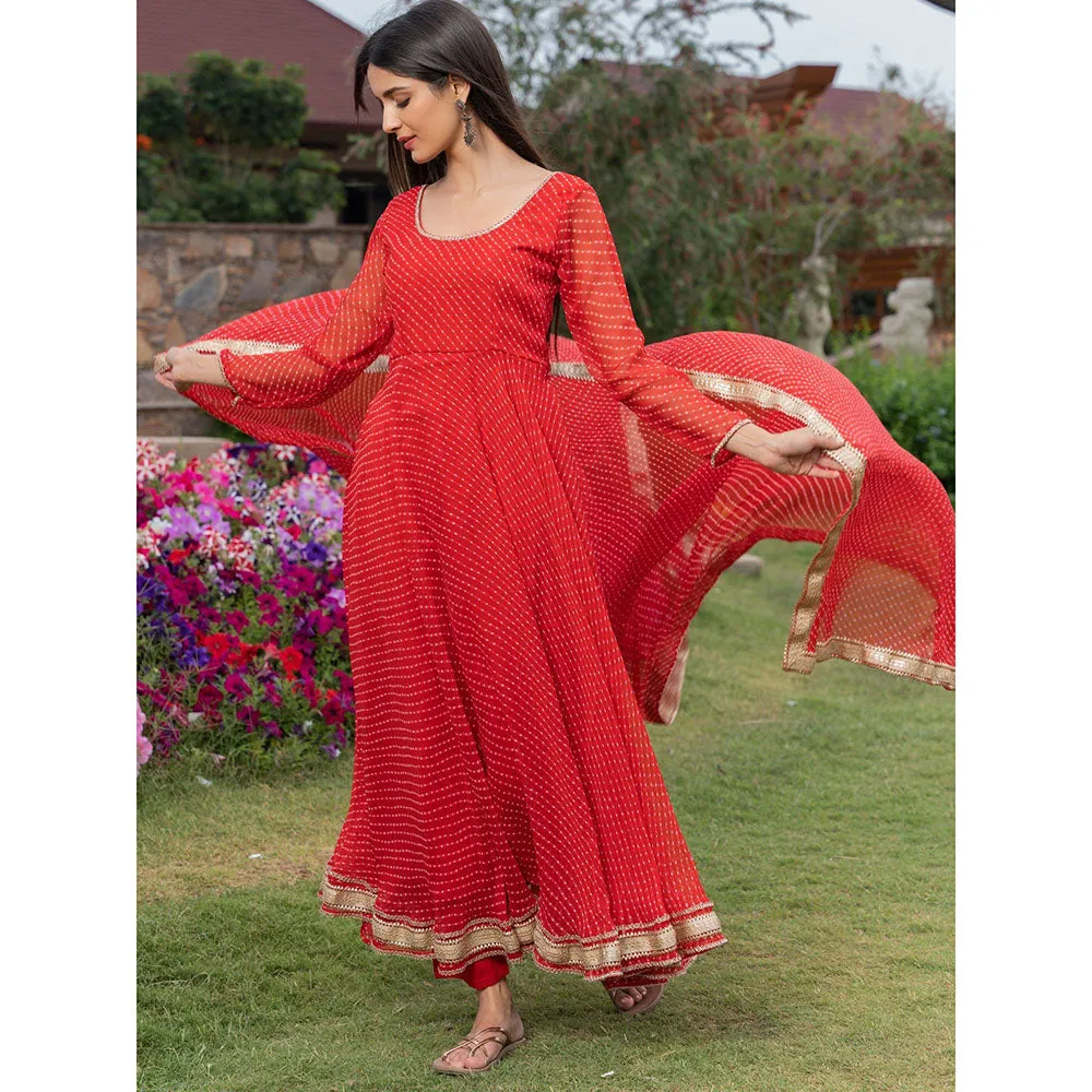 HOUSE OF JAMOTI Scarlett Sage Red Stripes Anarkali Kurta (Set of 3)