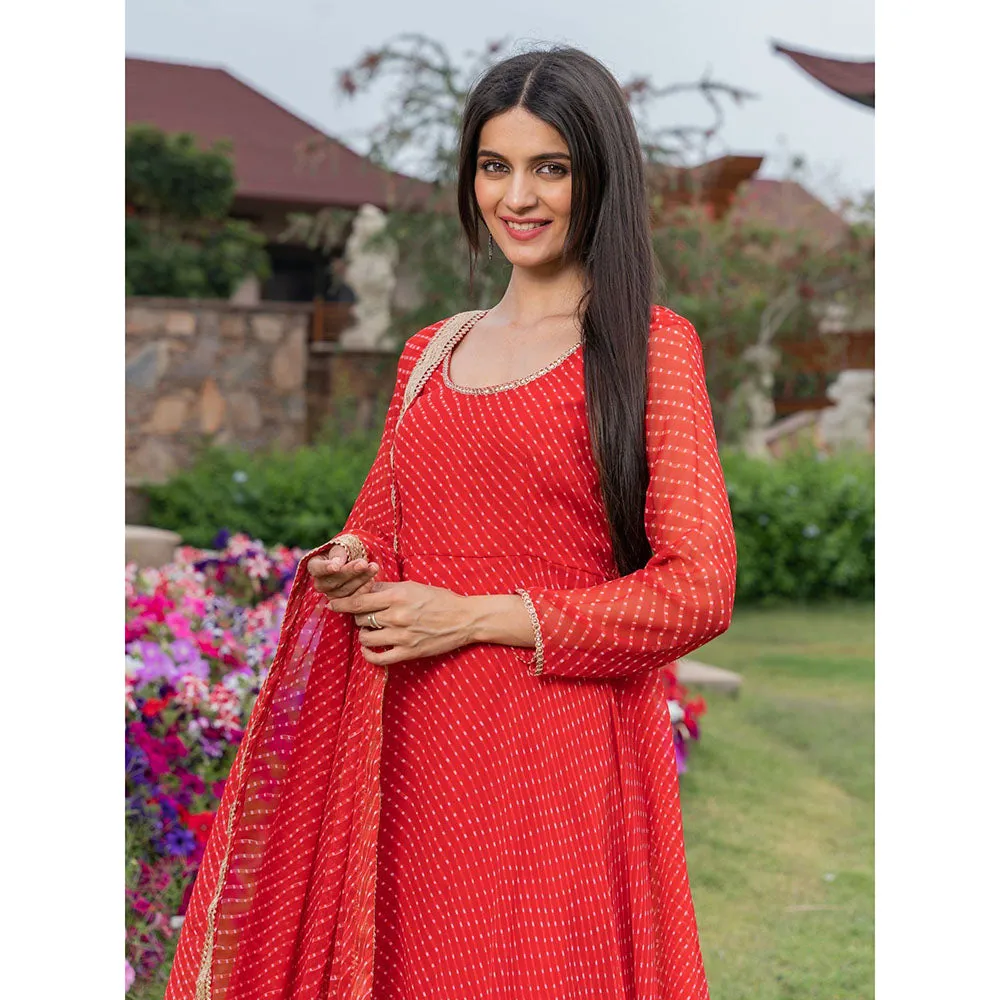 HOUSE OF JAMOTI Scarlett Sage Red Stripes Anarkali Kurta (Set of 3)