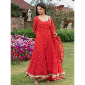 HOUSE OF JAMOTI Scarlett Sage Red Stripes Anarkali Kurta (Set of 3)
