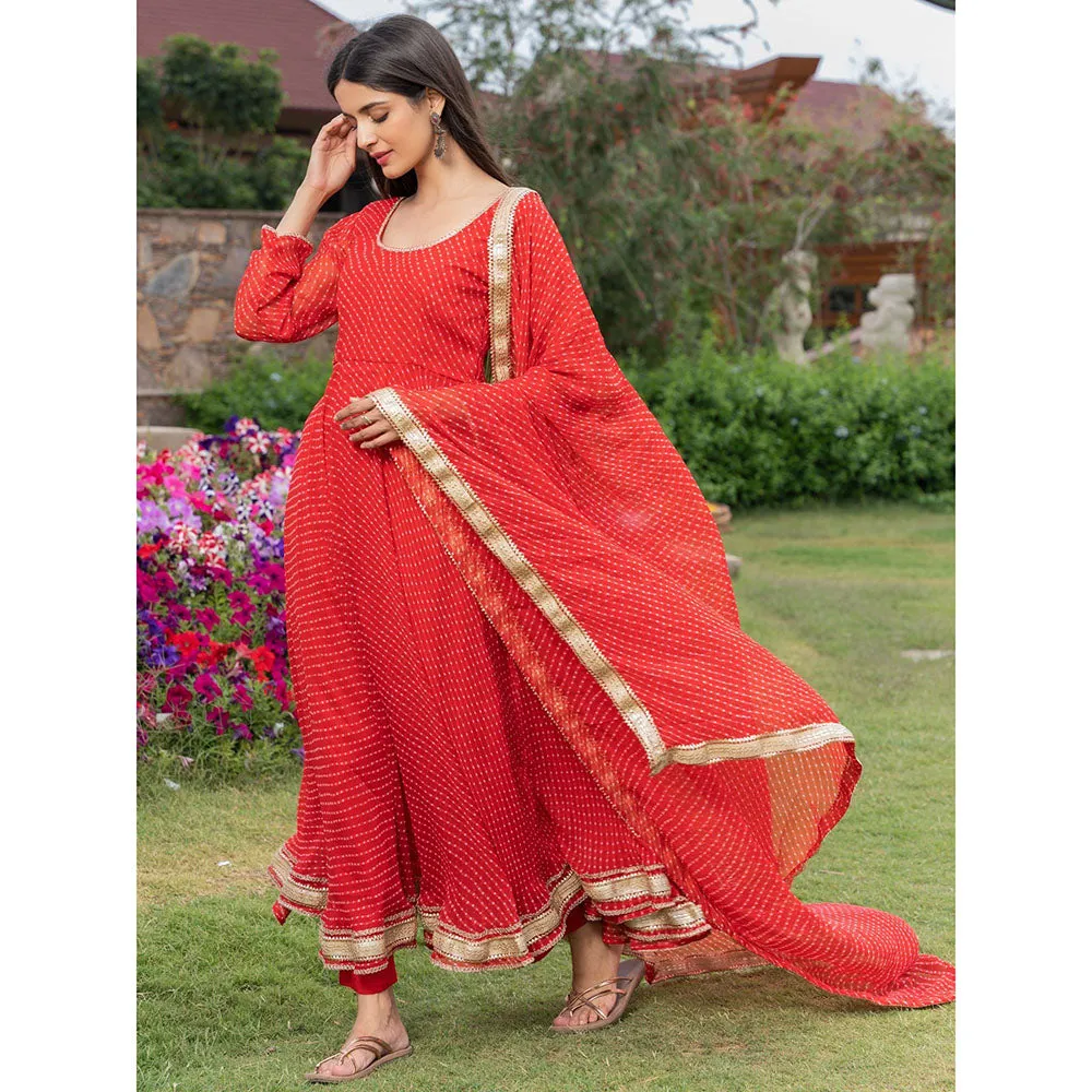 HOUSE OF JAMOTI Scarlett Sage Red Stripes Anarkali Kurta (Set of 3)