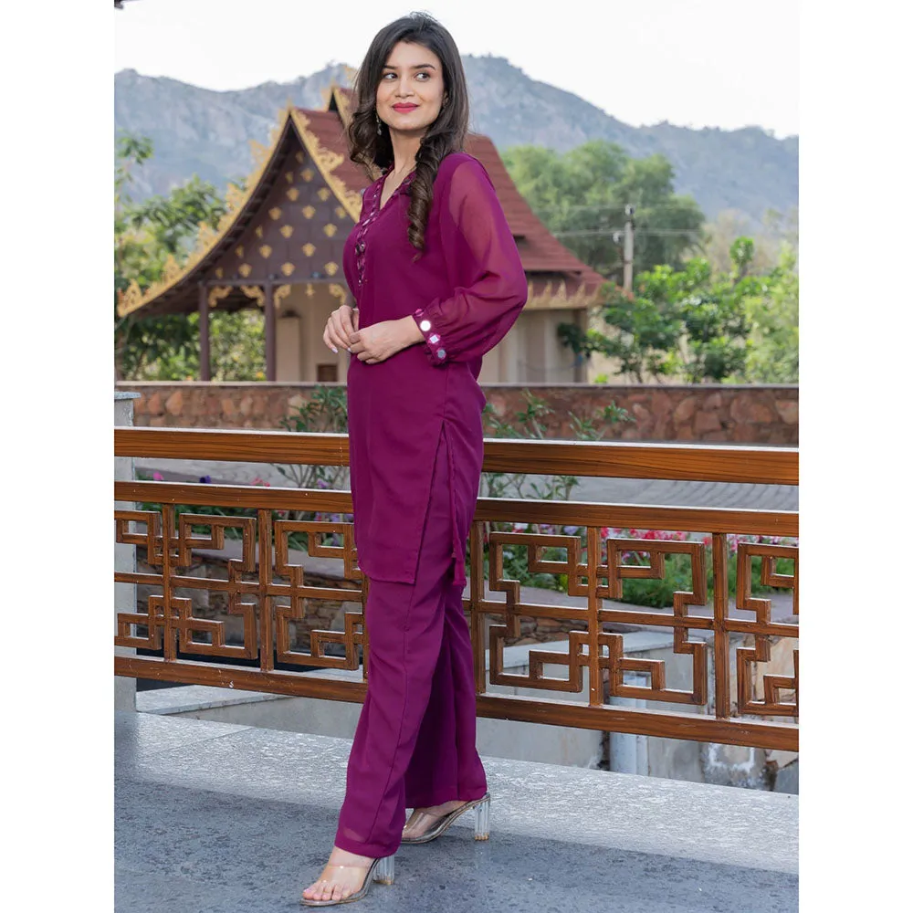 HOUSE OF JAMOTI Wine Mirror Work Kurta (Set of 2)