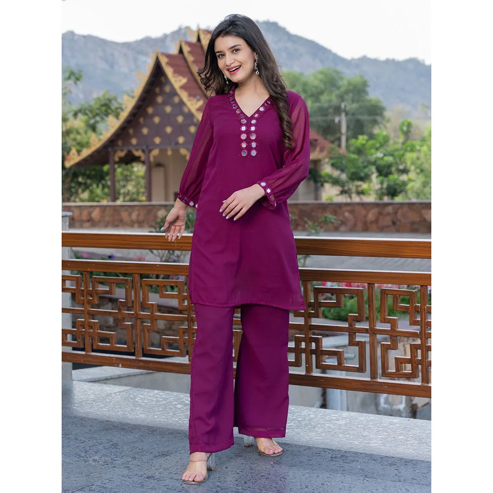 HOUSE OF JAMOTI Wine Mirror Work Kurta (Set of 2)