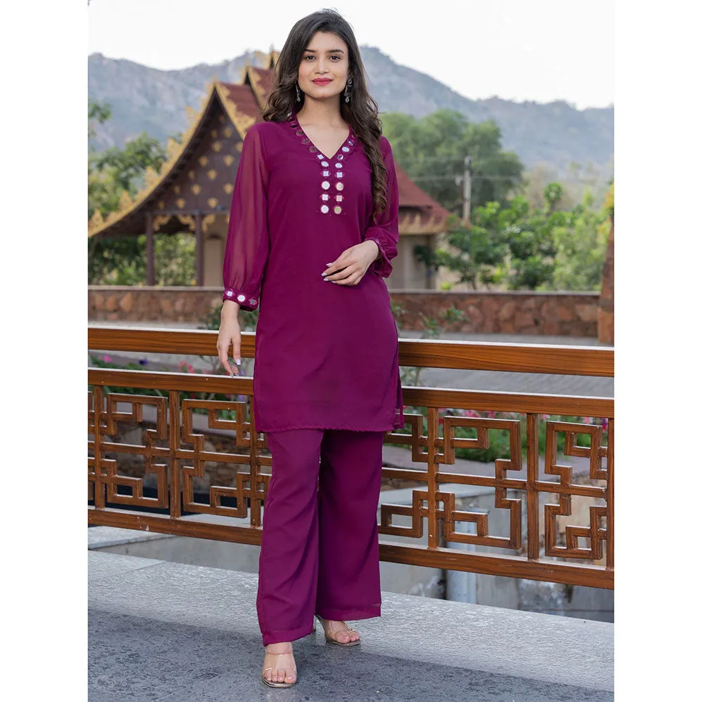 HOUSE OF JAMOTI Wine Mirror Work Kurta (Set of 2)