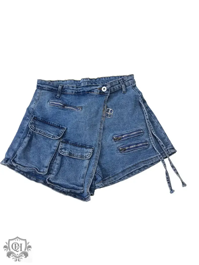 Irregular Multi Pocket Denim Shorts