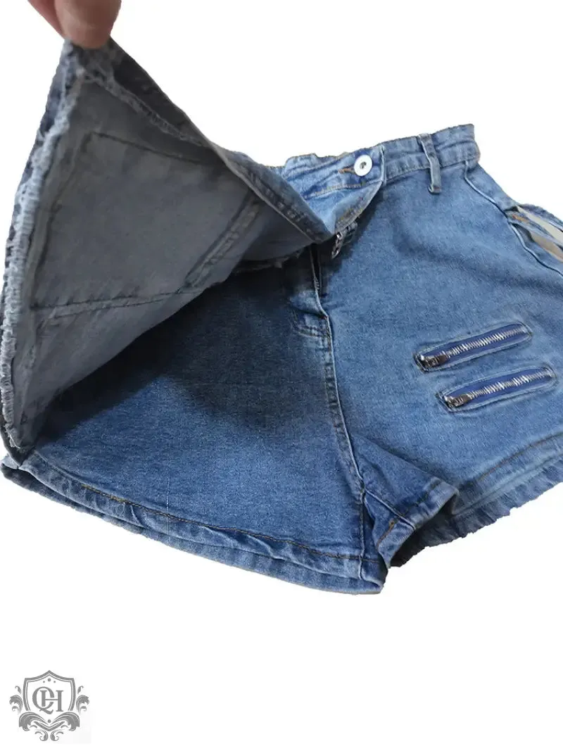 Irregular Multi Pocket Denim Shorts