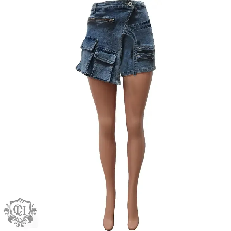 Irregular Multi Pocket Denim Shorts