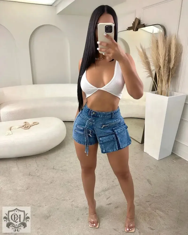 Irregular Multi Pocket Denim Shorts