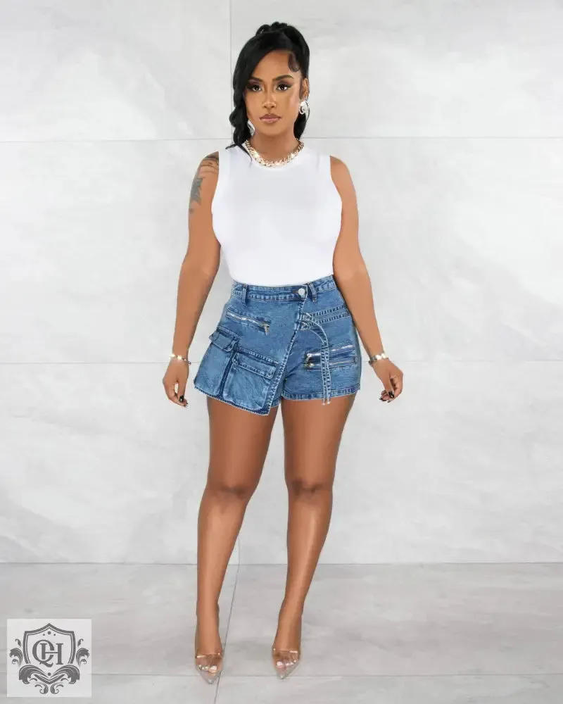 Irregular Multi Pocket Denim Shorts