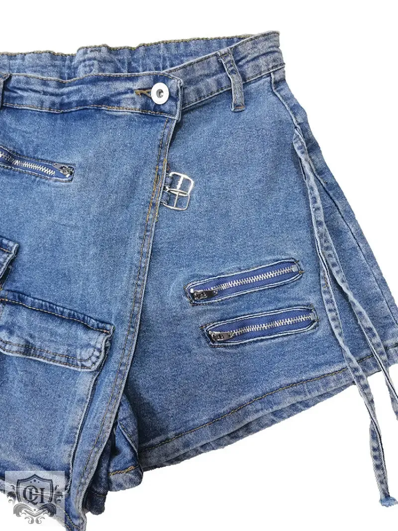 Irregular Multi Pocket Denim Shorts