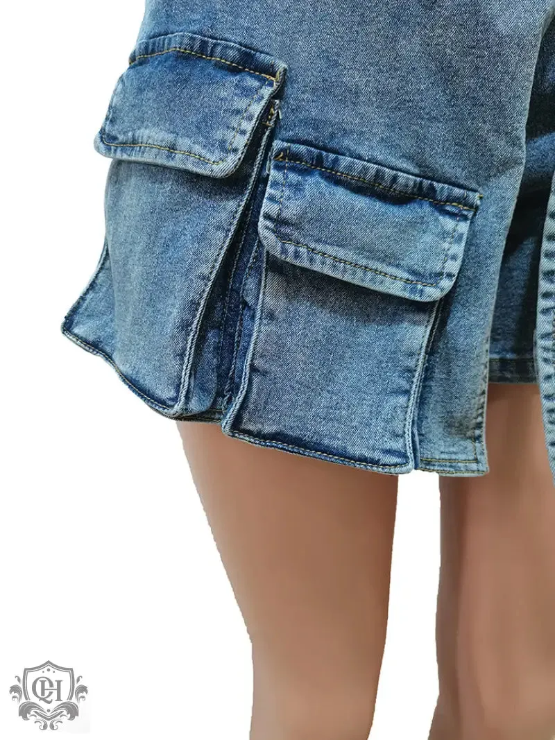 Irregular Multi Pocket Denim Shorts