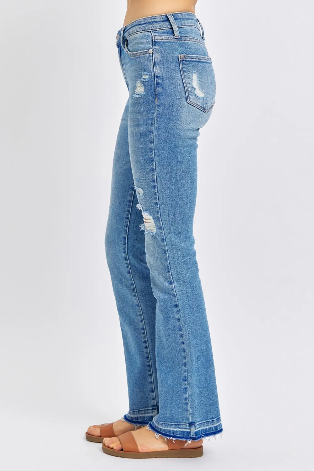 Judy Blue Mid Rise Destroyed Hem Distressed Blue Denim Jeans