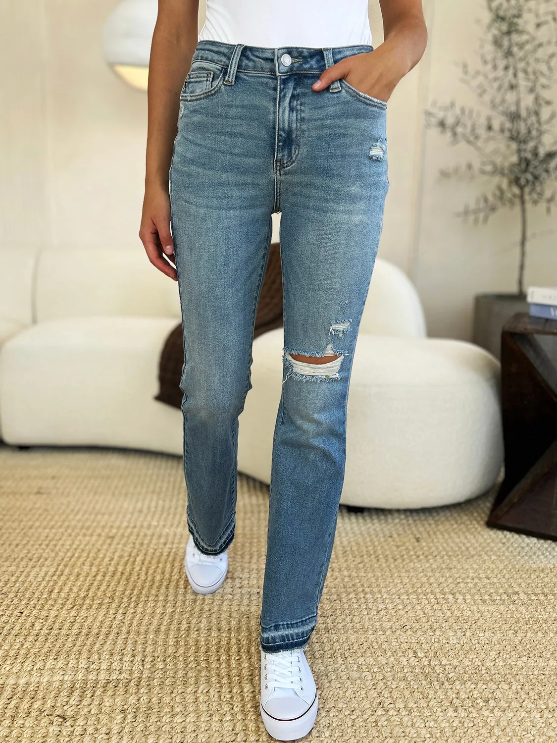 Judy Blue  Mid Rise Destroyed Hem Distressed Jeans