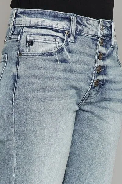 Kancan High Waisted Button Fly Raw Hem Cropped Blue Denim Straight Leg Jeans