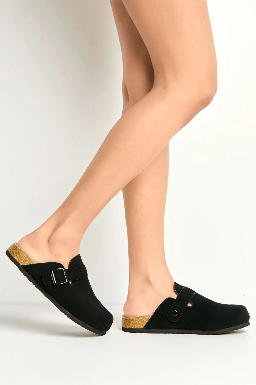 Klara Cork Sole Buckle Detail Clogs in Black