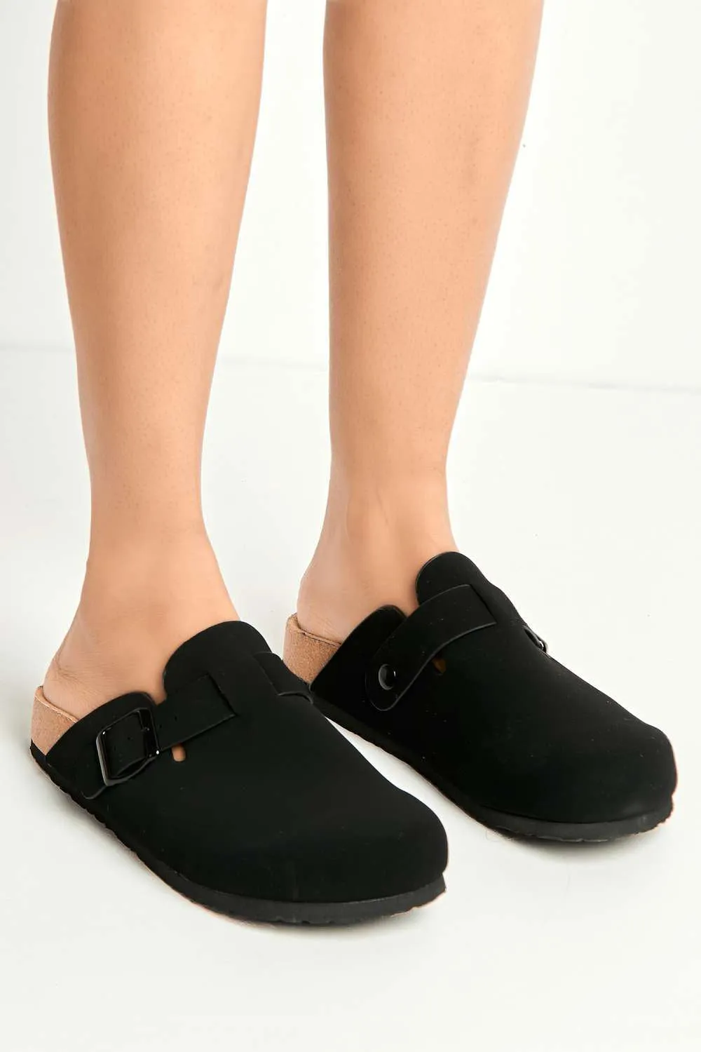Klara Cork Sole Buckle Detail Clogs in Black
